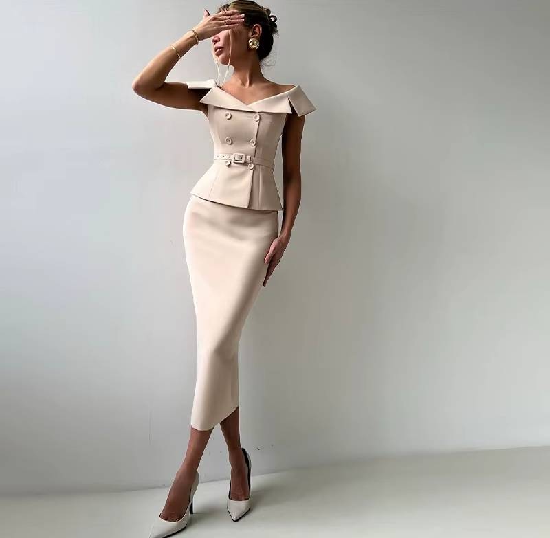 Off Shoulder Slim Double Breasted Belted Top Long Hip Package Skirt 2 Piece Set