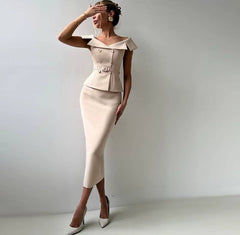 Off Shoulder Slim Double Breasted Belted Top Long Hip Package Skirt 2 Piece Set