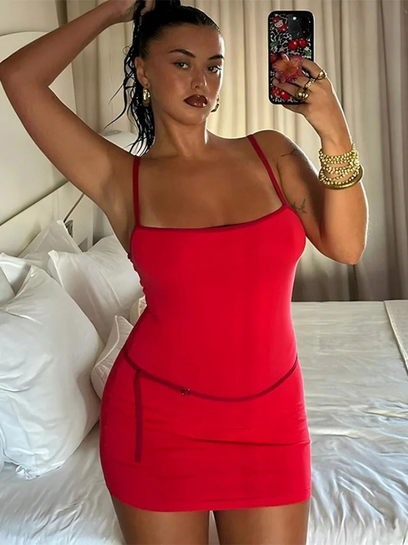 Spaghetti Strap Patchwork High Waist Vacation Party Belt Bodycon Sheath Dress