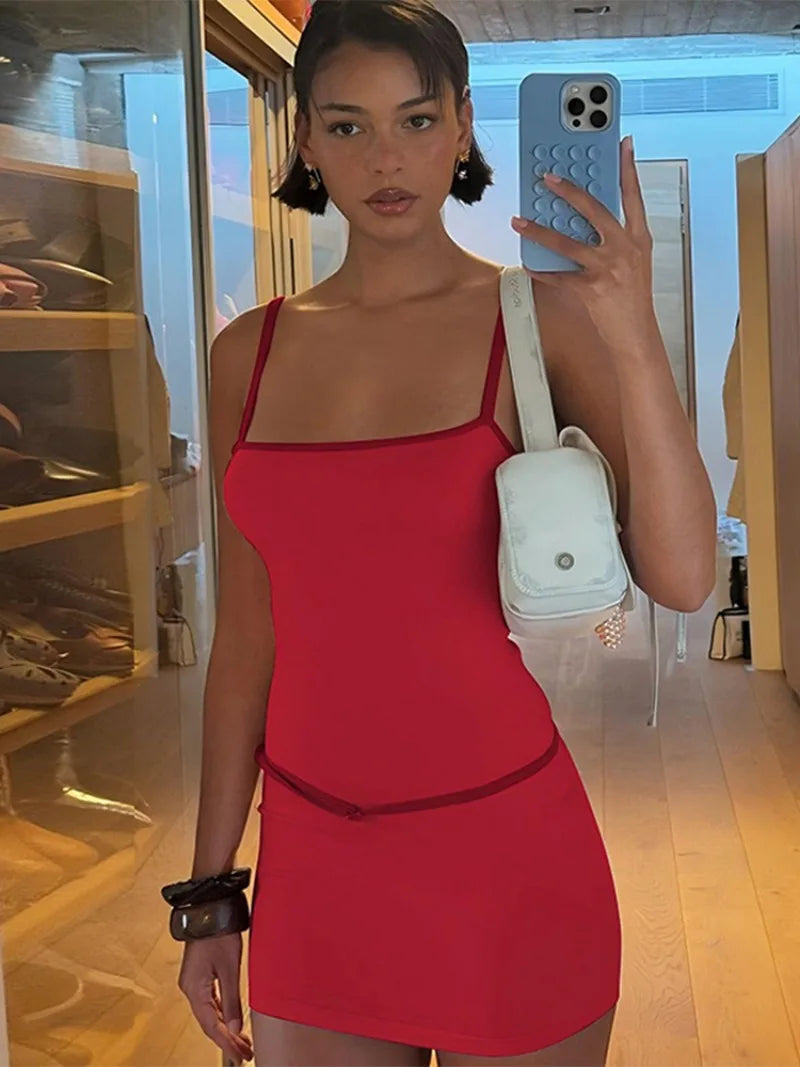 Spaghetti Strap Patchwork High Waist Vacation Party Belt Bodycon Sheath Dress