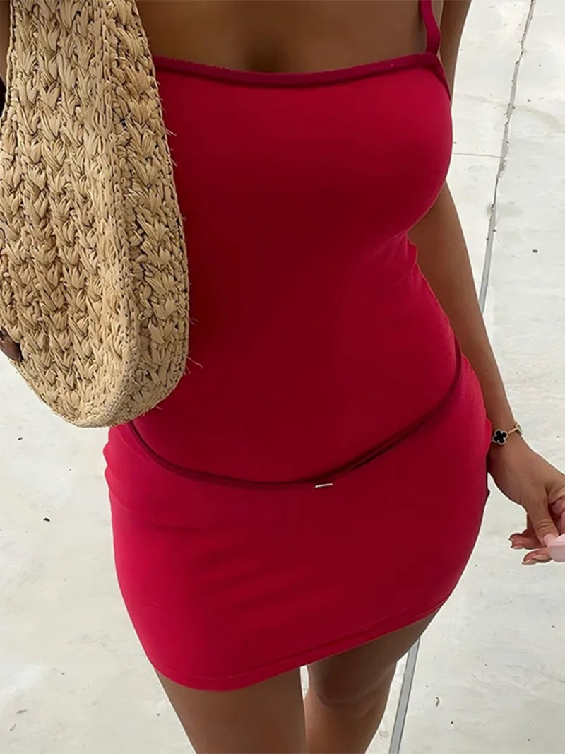 Spaghetti Strap Patchwork High Waist Vacation Party Belt Bodycon Sheath Dress