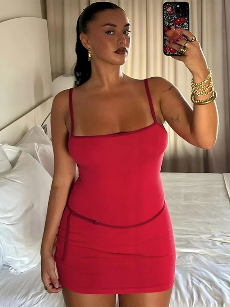 Spaghetti Strap Patchwork High Waist Vacation Party Belt Bodycon Sheath Dress