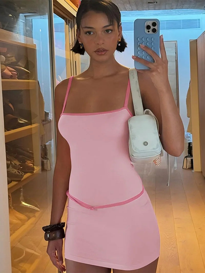 Spaghetti Strap Patchwork High Waist Vacation Party Belt Bodycon Sheath Dress