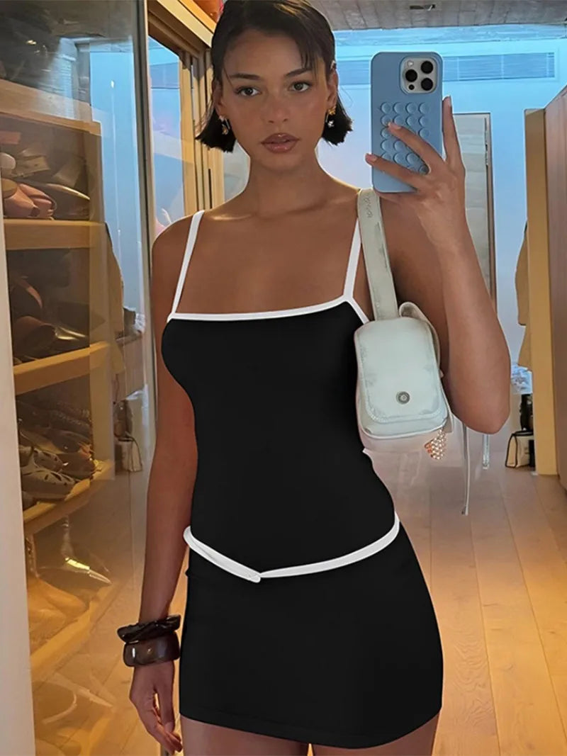 Spaghetti Strap Patchwork High Waist Vacation Party Belt Bodycon Sheath Dress