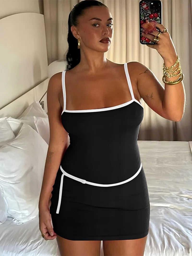 Spaghetti Strap Patchwork High Waist Vacation Party Belt Bodycon Sheath Dress