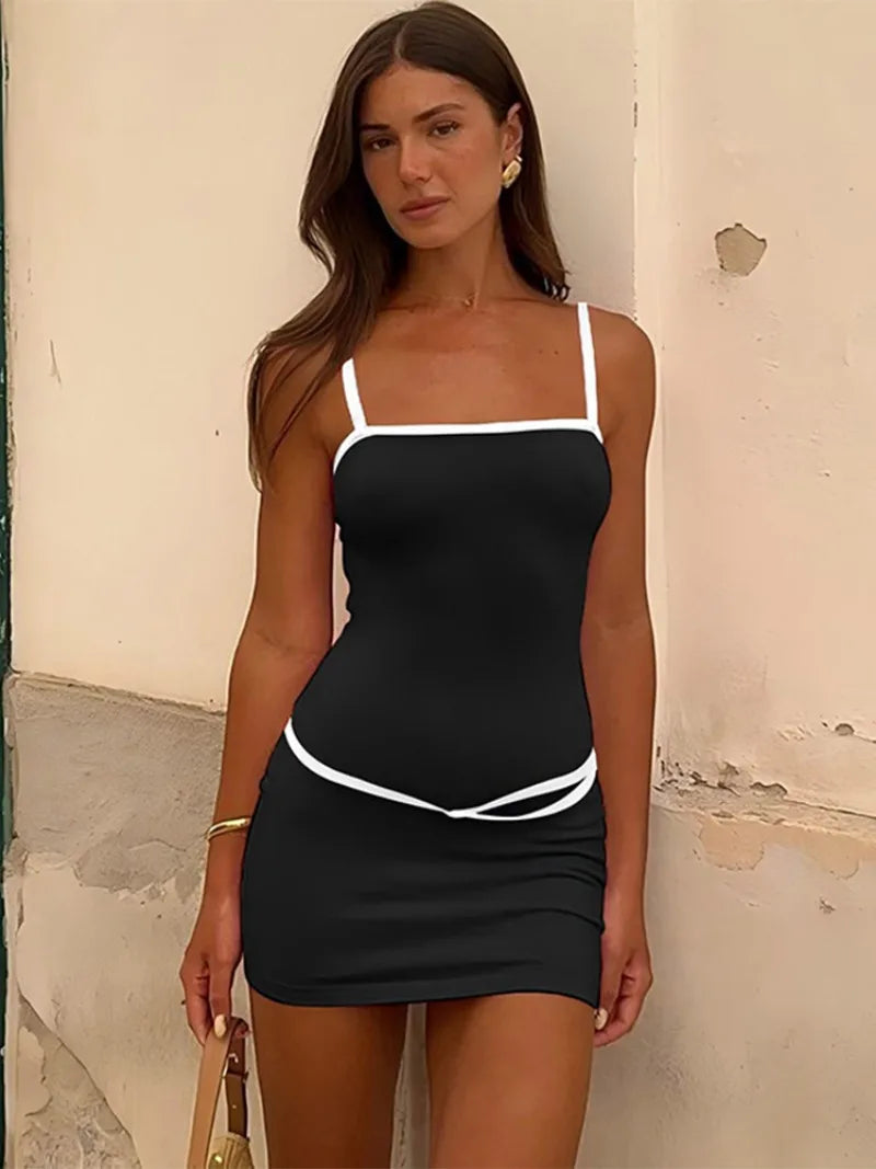 Spaghetti Strap Patchwork High Waist Vacation Party Belt Bodycon Sheath Dress