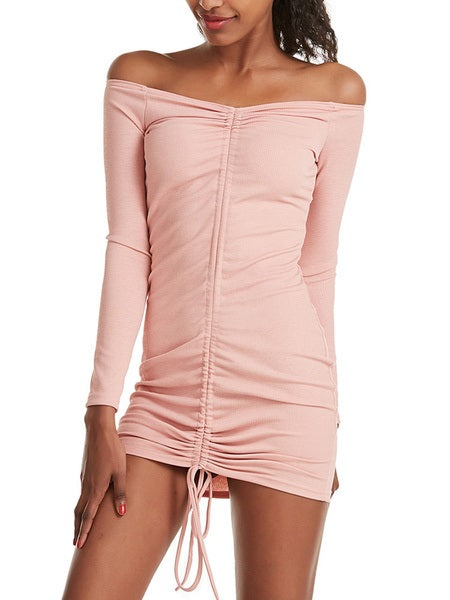 Elegant Off-The-Shoulder Drawstring Short Beach Dress