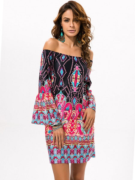 Off-shoulder Print Mini Dress
