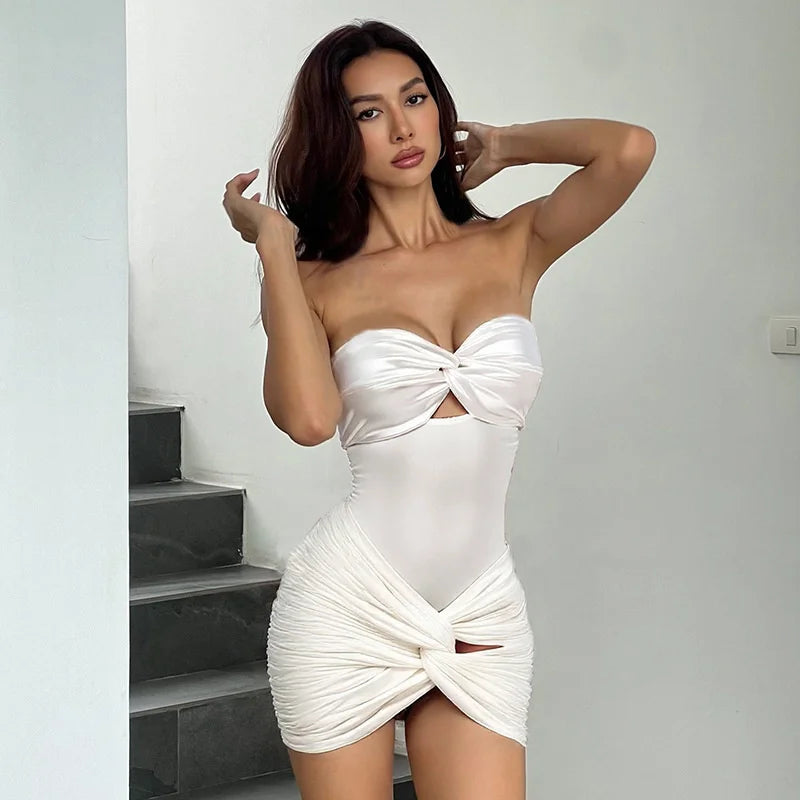 Off-shoulder Strapless Hollow Out Bodysuit And Hot Skirt Two Pieces Sets