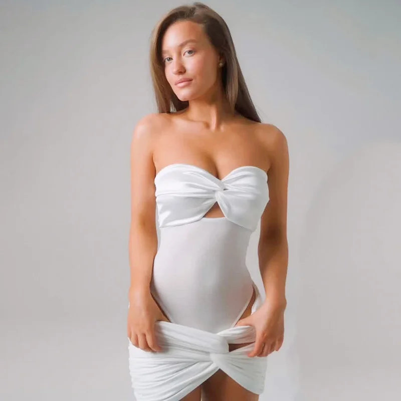 Off-shoulder Strapless Hollow Out Bodysuit And Hot Skirt Two Pieces Sets