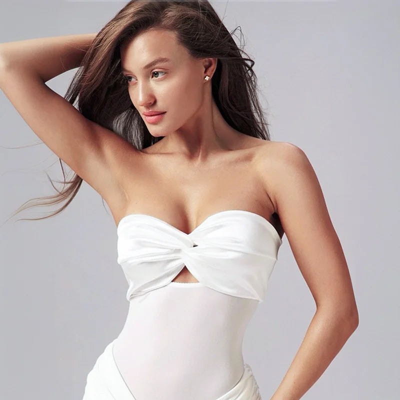 Off-shoulder Strapless Hollow Out Bodysuit And Hot Skirt Two Pieces Sets