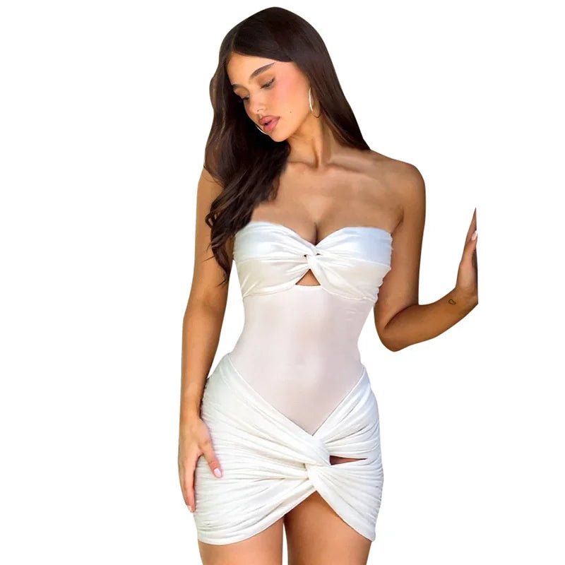 Off-shoulder Strapless Hollow Out Bodysuit And Hot Skirt Two Pieces Sets
