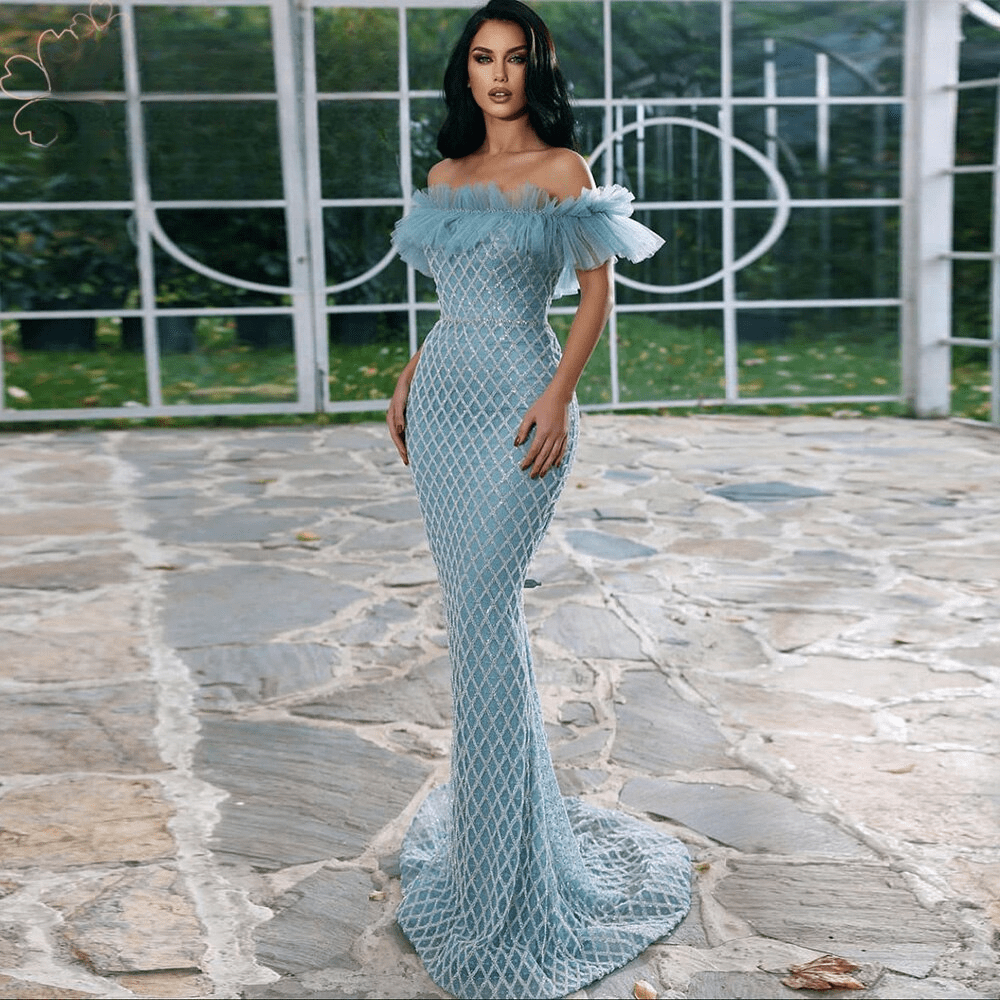 Off the Shoulder Pearls Mermaid Beads Evening Dress