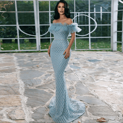 Off the Shoulder Pearls Mermaid Beads Evening Dress