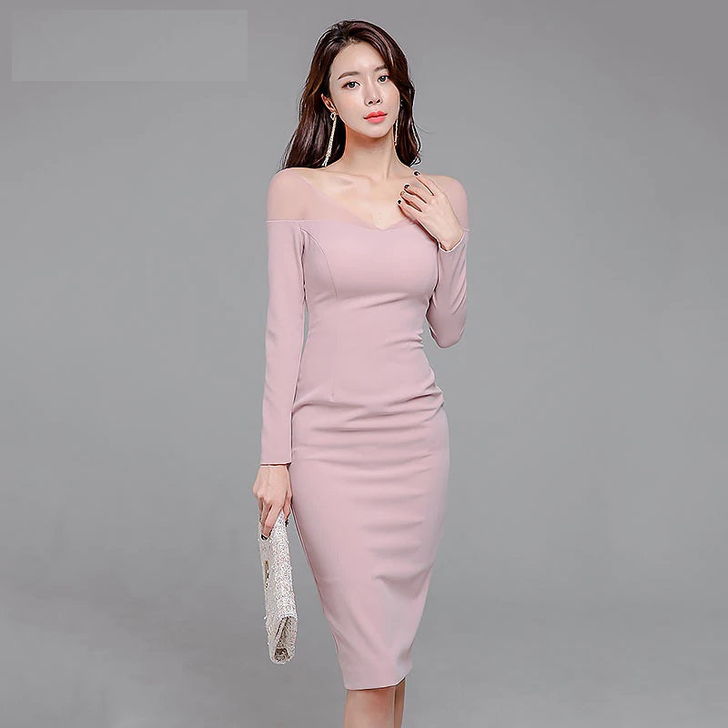 Backless V-Neck Full Sleeve Office Ladies Vestidos Slim Party Dress