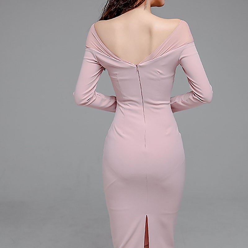 Backless V-Neck Full Sleeve Office Ladies Vestidos Slim Party Dress