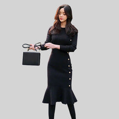 O-Neck Full Sleeve Natural Waist Slim Knitting Party Dress