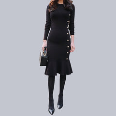 O-Neck Full Sleeve Natural Waist Slim Knitting Party Dress