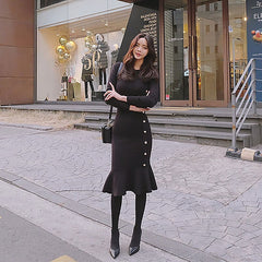 O-Neck Full Sleeve Natural Waist Slim Knitting Party Dress