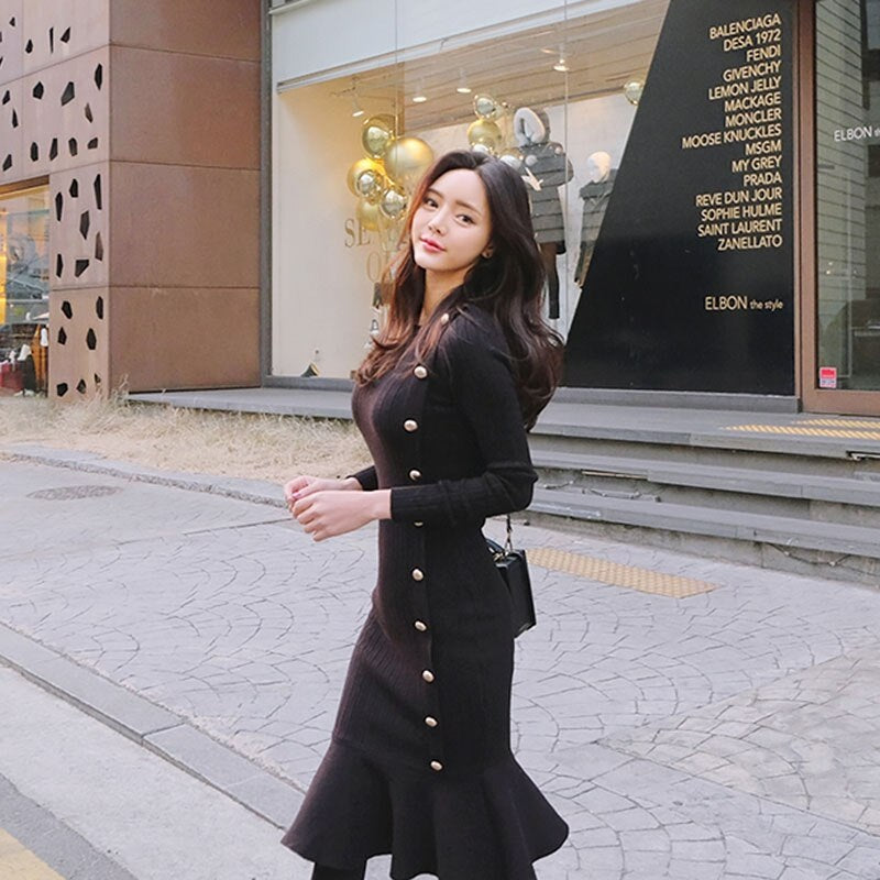 O-Neck Full Sleeve Natural Waist Slim Knitting Party Dress