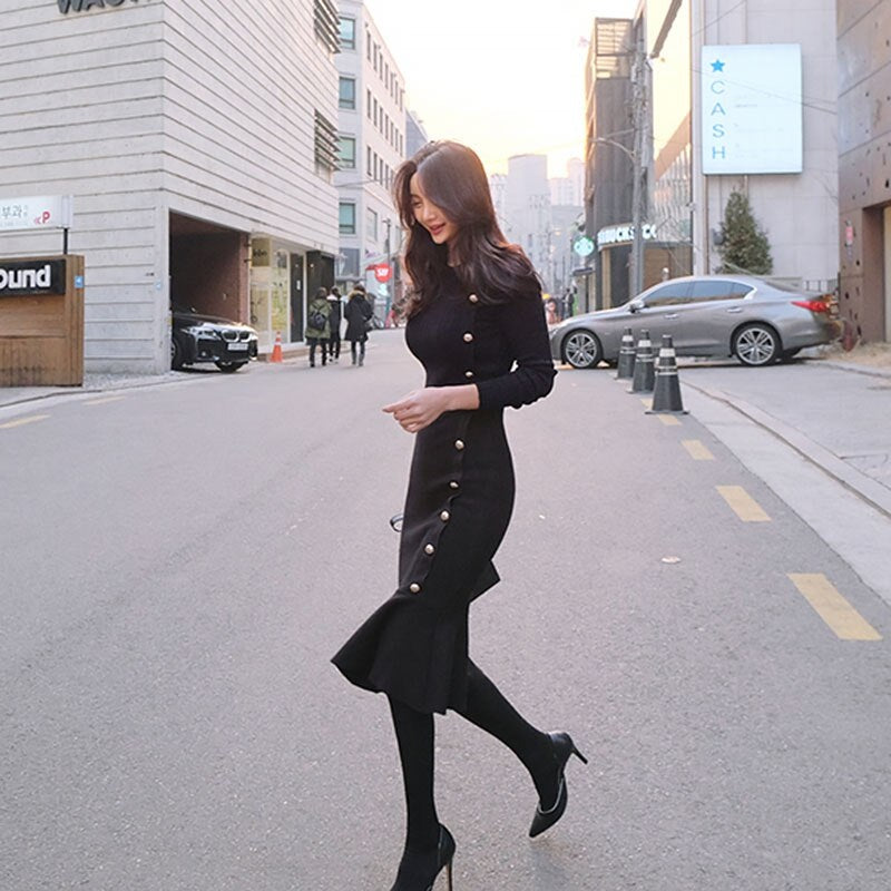 O-Neck Full Sleeve Natural Waist Slim Knitting Party Dress