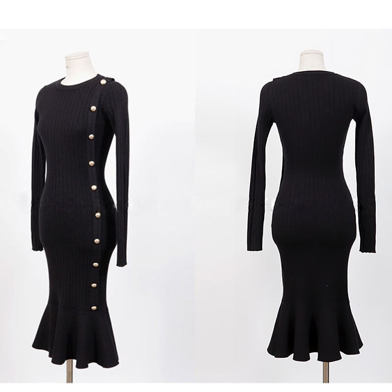 O-Neck Full Sleeve Natural Waist Slim Knitting Party Dress