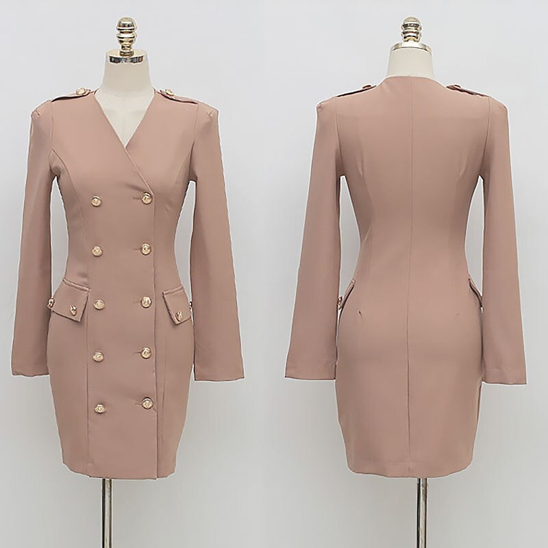 Elegant V-Neck Button Office Work Slim Vestido Blazer Dress