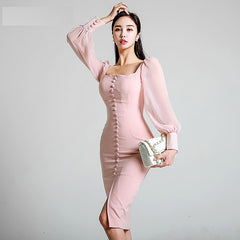 Square Collar Lantern Sleeve Vestido Party Bodycon Dress