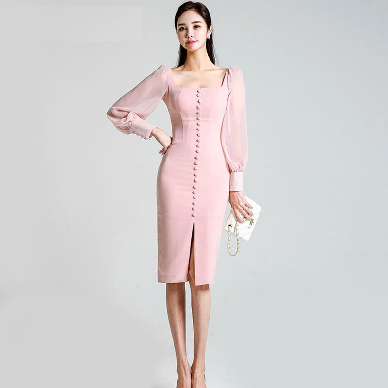 Square Collar Lantern Sleeve Vestido Party Bodycon Dress
