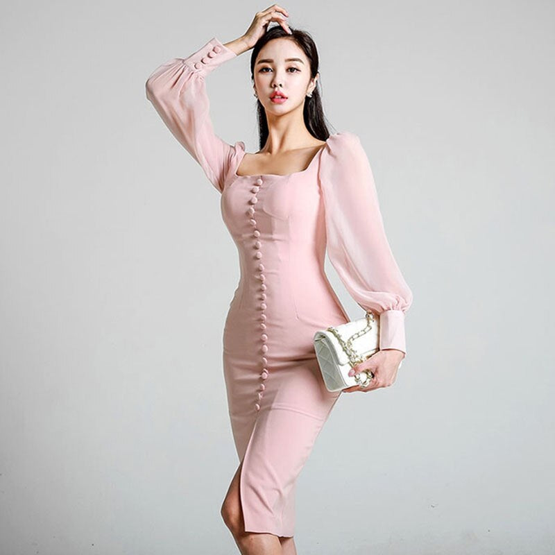 Square Collar Lantern Sleeve Vestido Party Bodycon Dress