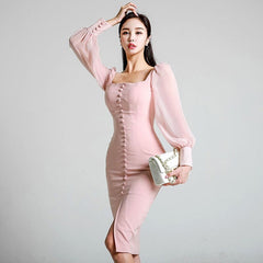 Square Collar Lantern Sleeve Vestido Party Bodycon Dress
