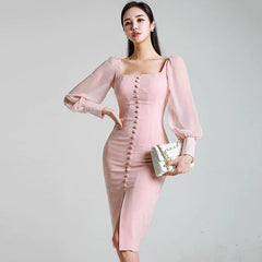 Square Collar Lantern Sleeve Vestido Party Bodycon Dress