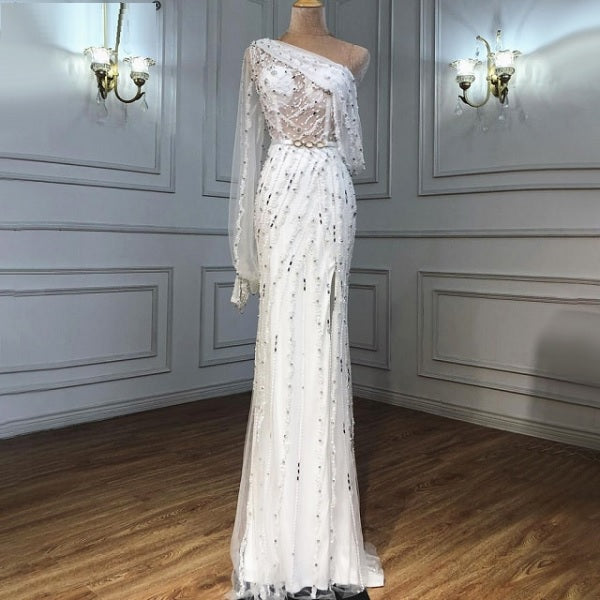 One Shouder Split Beading Crystal Evening Dresses