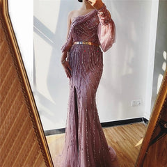 One Shouder Split Beading Crystal Evening Dresses