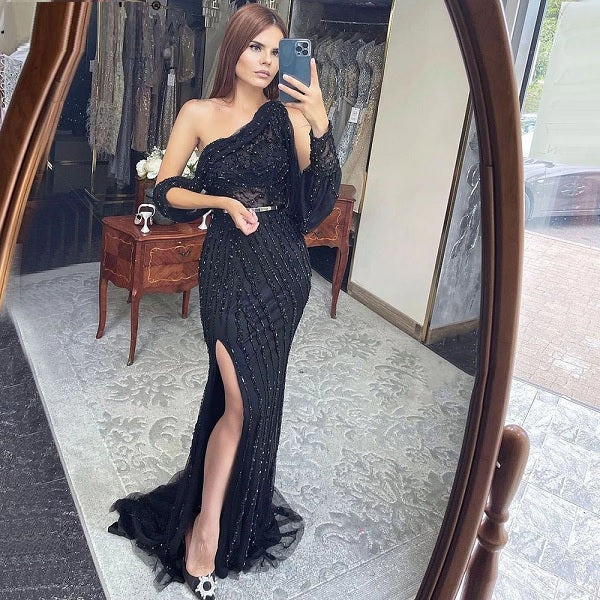 One Shouder Split Beading Crystal Evening Dresses