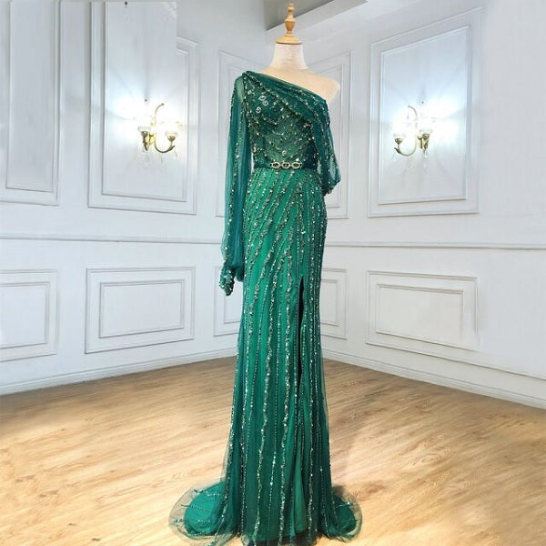 One Shouder Split Beading Crystal Evening Dresses