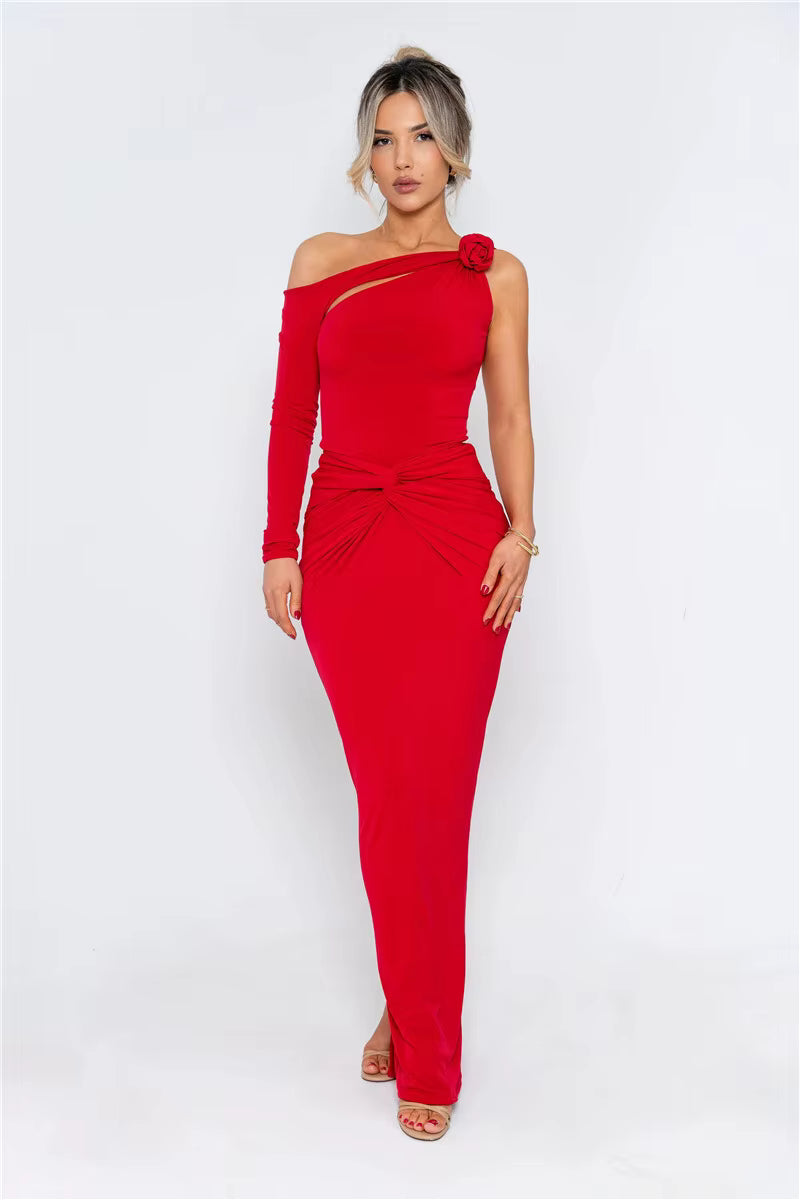 One Shoulder Backless Hollow Out Single Sleeve Ruched Bodycon Club Party Long Dress