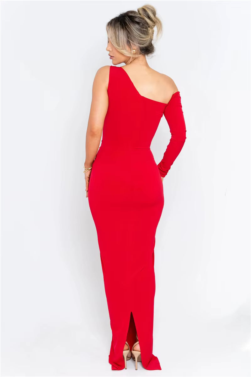 One Shoulder Backless Hollow Out Single Sleeve Ruched Bodycon Club Party Long Dress