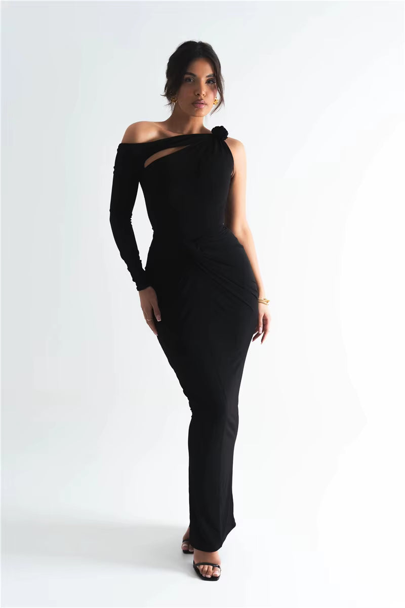One Shoulder Backless Hollow Out Single Sleeve Ruched Bodycon Club Party Long Dress