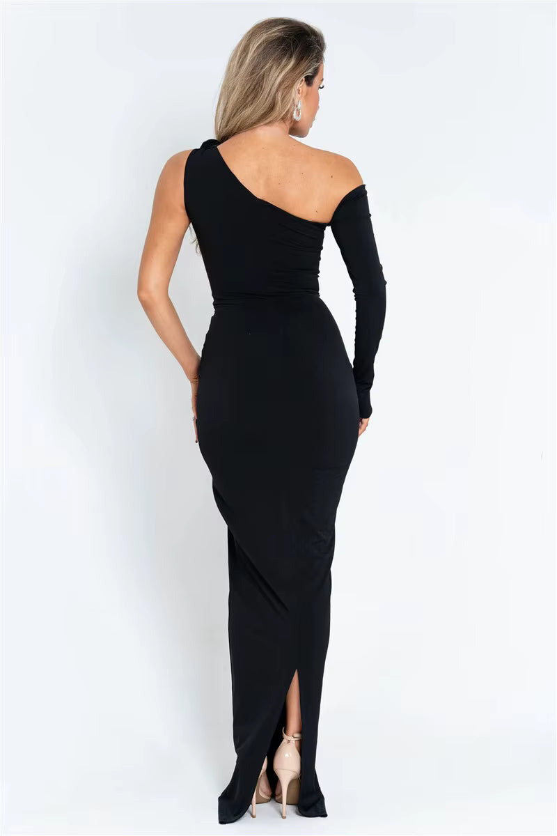 One Shoulder Backless Hollow Out Single Sleeve Ruched Bodycon Club Party Long Dress