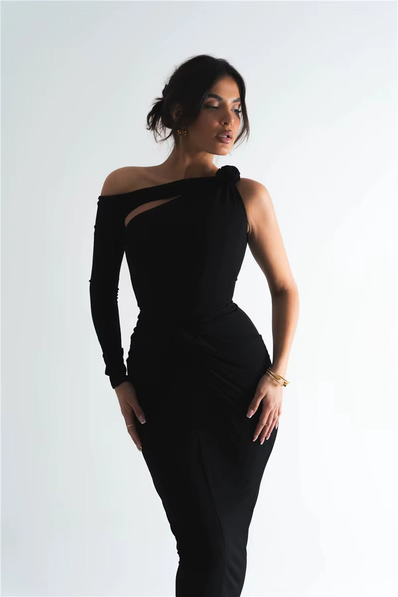 One Shoulder Backless Hollow Out Single Sleeve Ruched Bodycon Club Party Long Dress