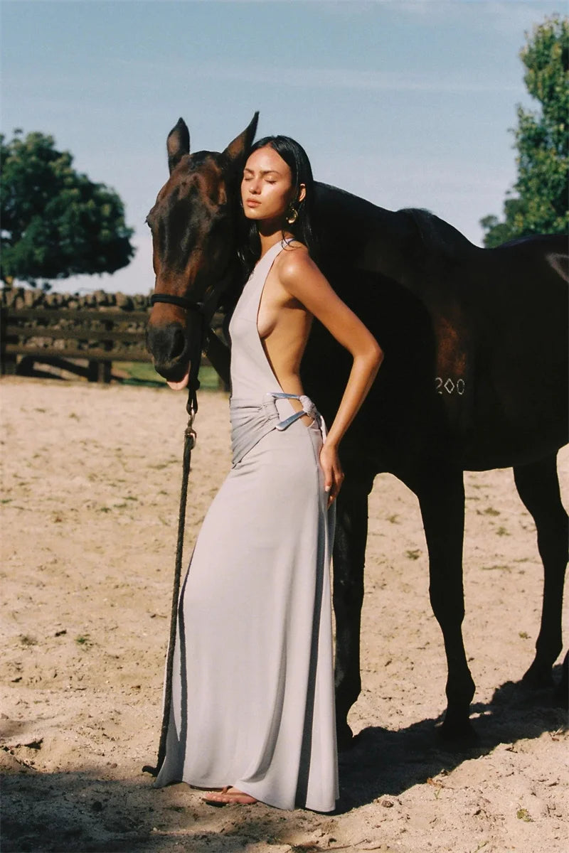 One Shoulder Backless Metal Buckle Diagonal Collar Sleeveless Draped Club Long Dress