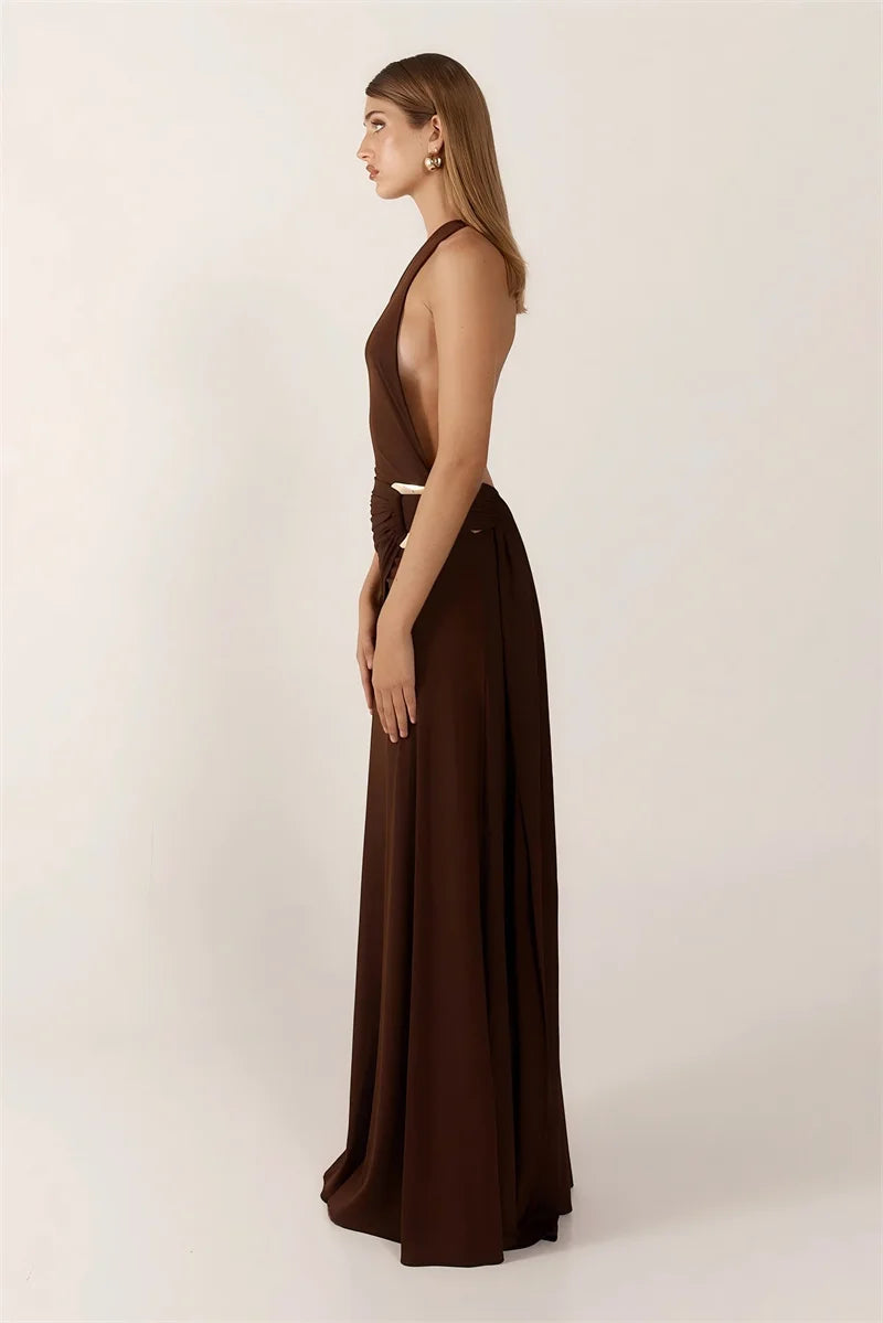 One Shoulder Backless Metal Buckle Diagonal Collar Sleeveless Draped Club Long Dress