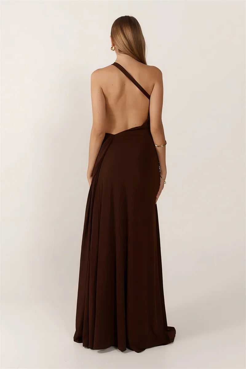 One Shoulder Backless Metal Buckle Diagonal Collar Sleeveless Draped Club Long Dress