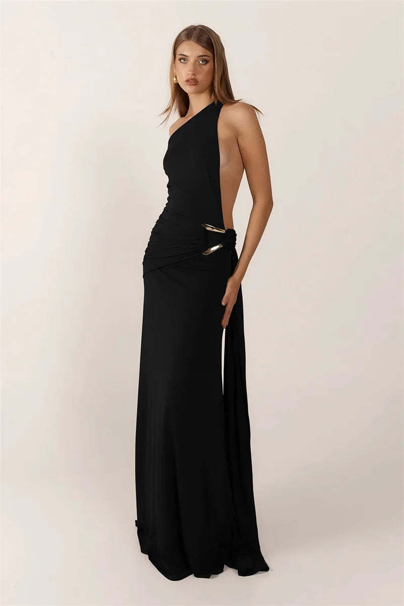 One Shoulder Backless Metal Buckle Diagonal Collar Sleeveless Draped Club Long Dress