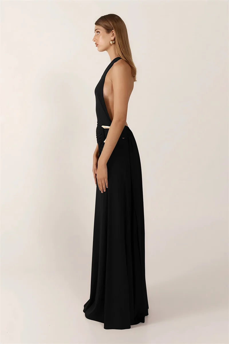 One Shoulder Backless Metal Buckle Diagonal Collar Sleeveless Draped Club Long Dress