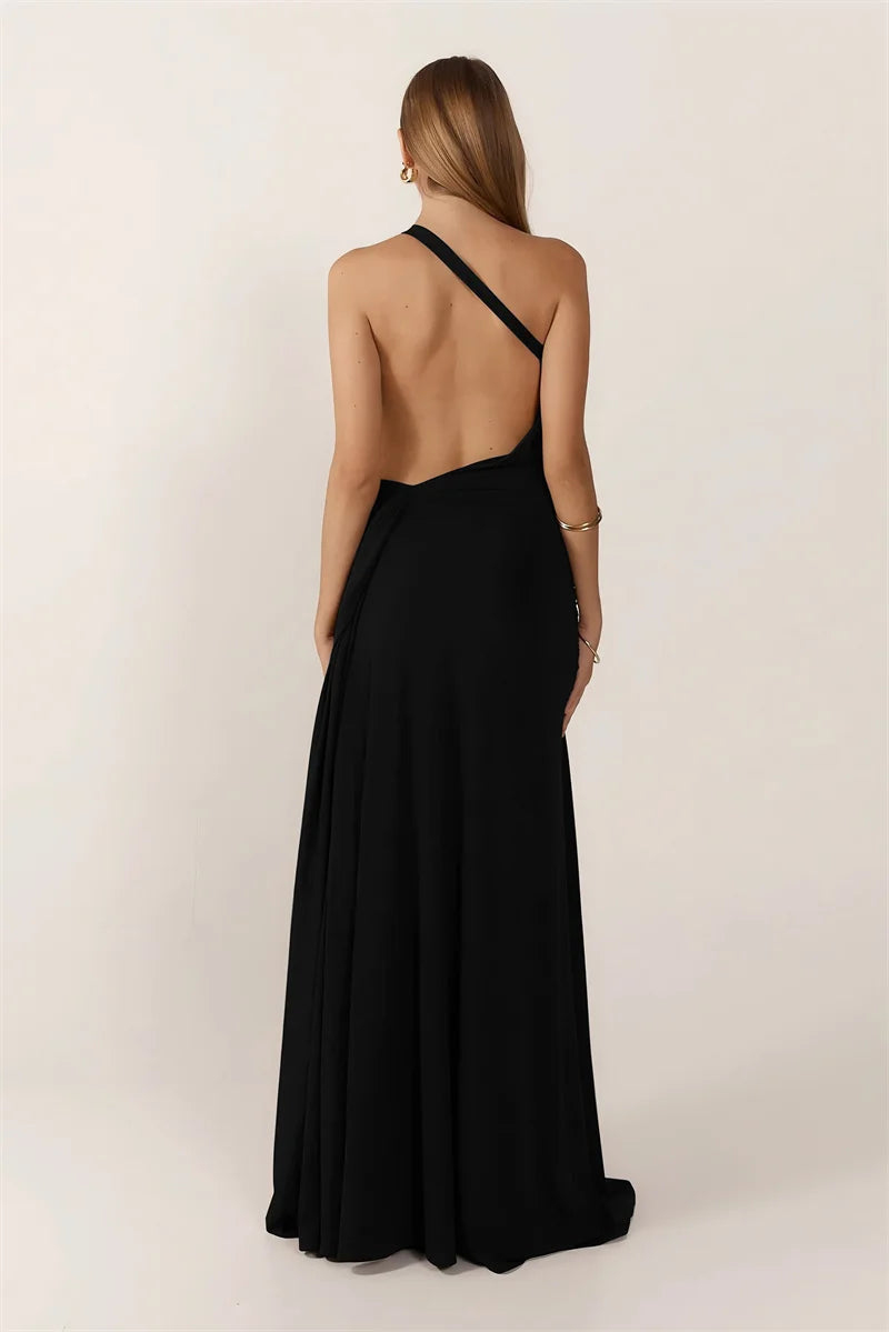 One Shoulder Backless Metal Buckle Diagonal Collar Sleeveless Draped Club Long Dress