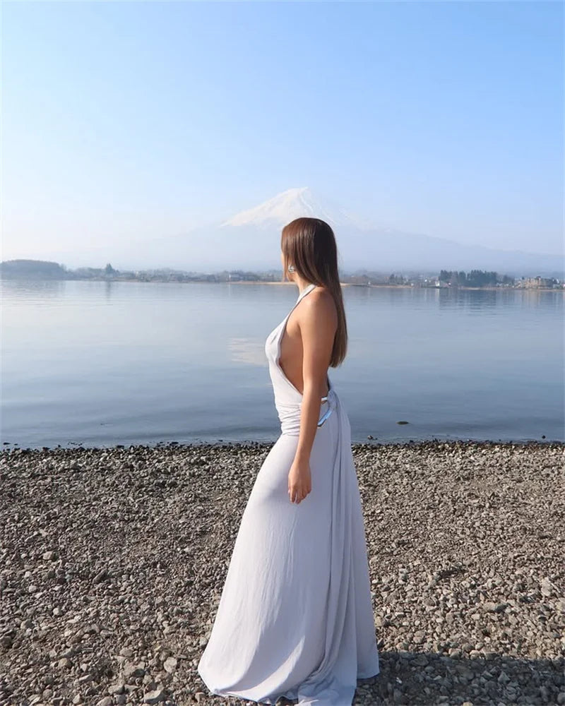 One Shoulder Backless Metal Buckle Diagonal Collar Sleeveless Draped Club Long Dress