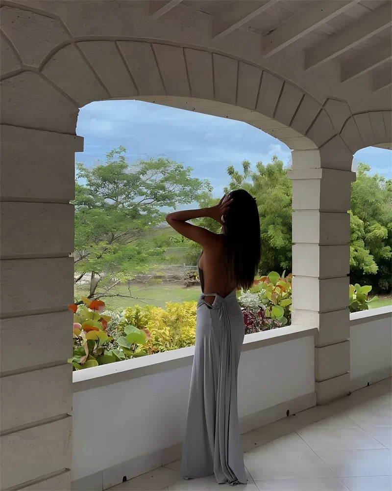 One Shoulder Backless Metal Buckle Diagonal Collar Sleeveless Draped Club Long Dress