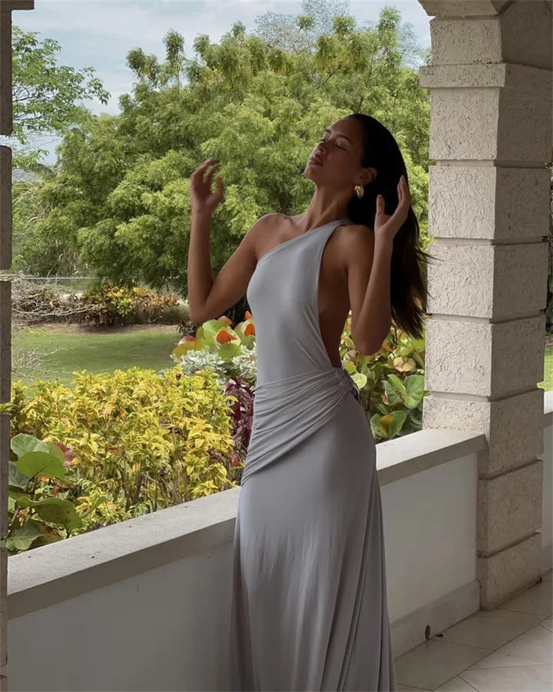 One Shoulder Backless Metal Buckle Diagonal Collar Sleeveless Draped Club Long Dress